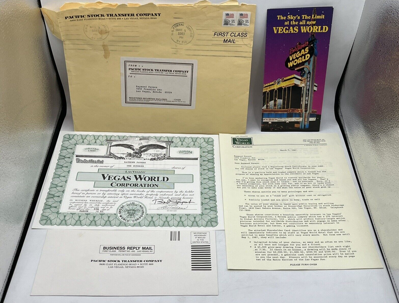 Vintage 1987 Las Vegas World Casino Stock Certificate Letter Flyer Bob Stupak