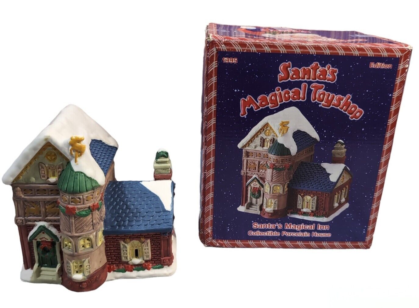 Vtg 1995 Santa’s Magical ToyShop Santa\'s Inn Collectible Porcelain House NoLight