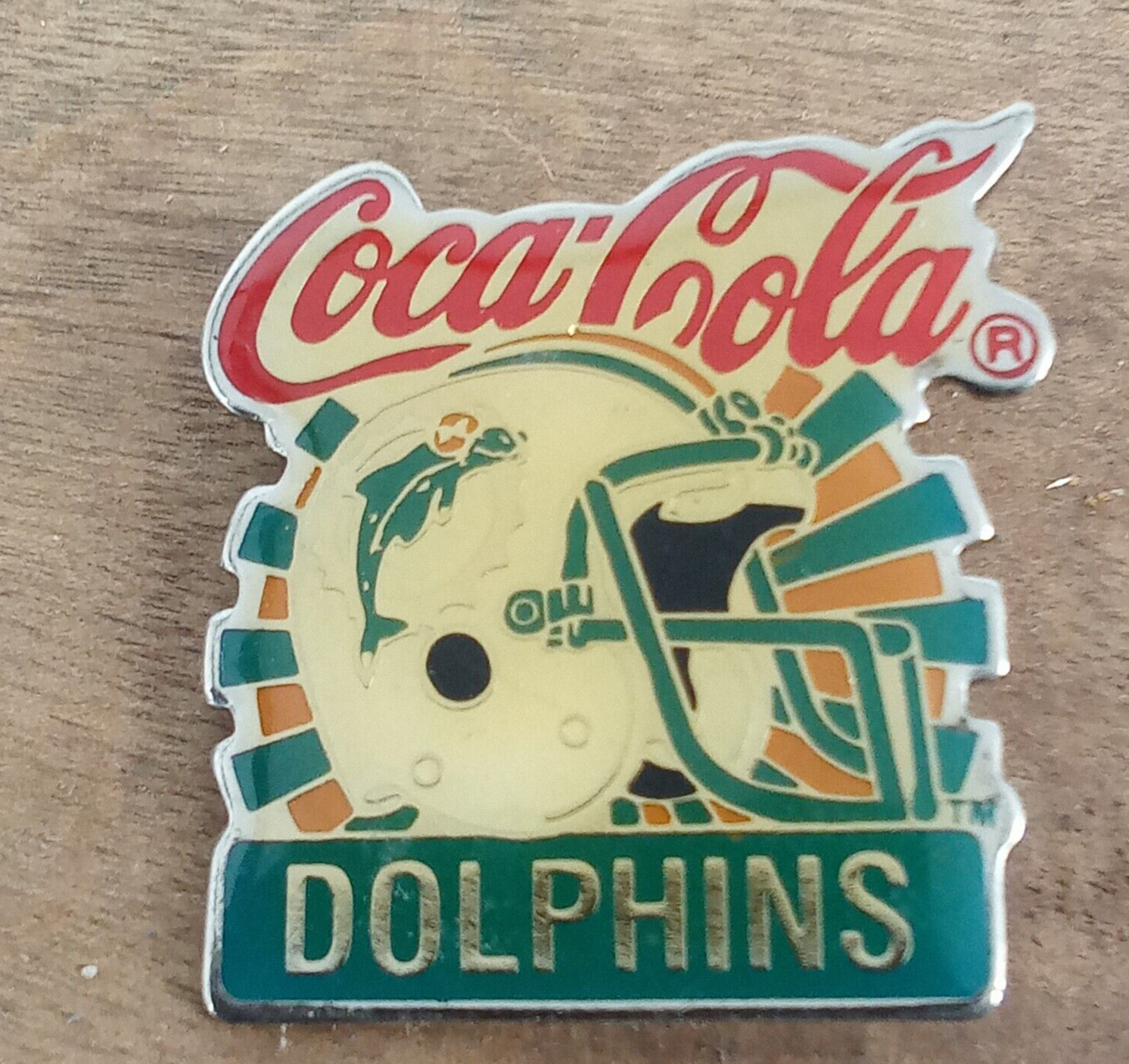 Vtg Coca Cola Miami Dolphins Enamel Pinback NFL Football 80\'s Gold Tone