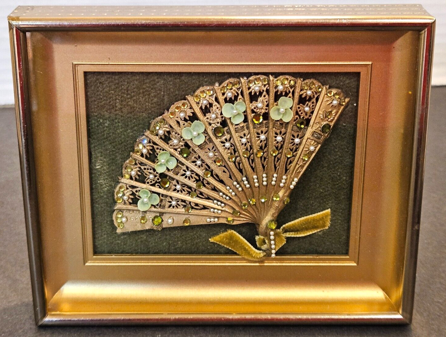 Vintage Miniature Brass Fan With Green Jewels & Shell Flowers in Gold Shadow Box