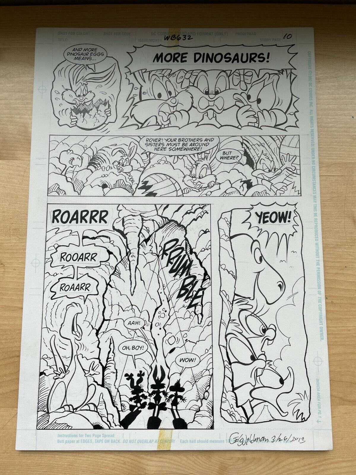 TINY TOONS original comic art BUSTER BABS BUNNY T-REX DINOSAUR ROAR SIGNED 1995