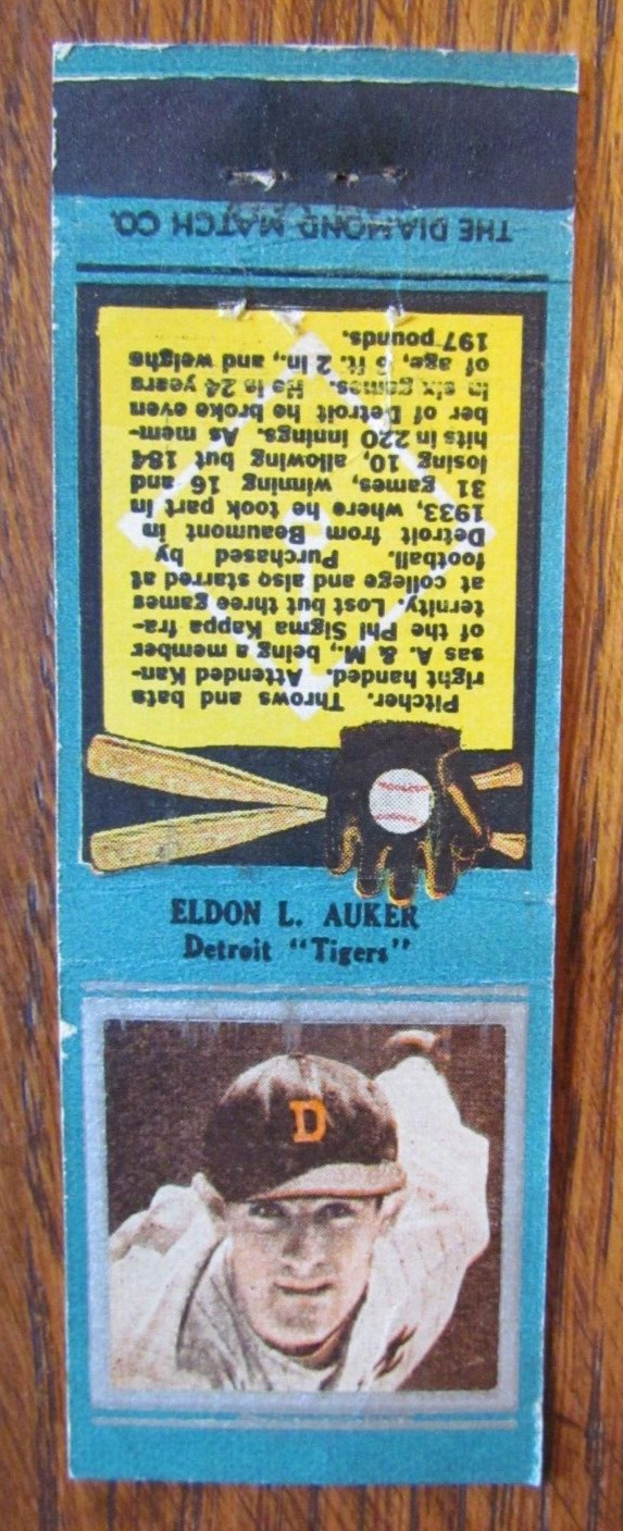 1934 BASEBALL MATCHBOOK MATCHCOVER: ELDON AUKER DETROIT TIGERS DIAMOND MATCH -D2