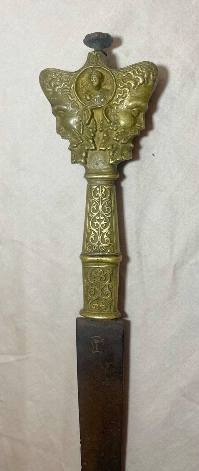 RARE antique 19th century European figural brass bronze steel sword dagger blade