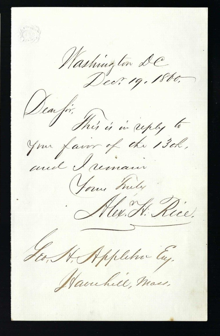 Alexander H. Rice signed letter dated 1860 32nd Governor of Massachusetts