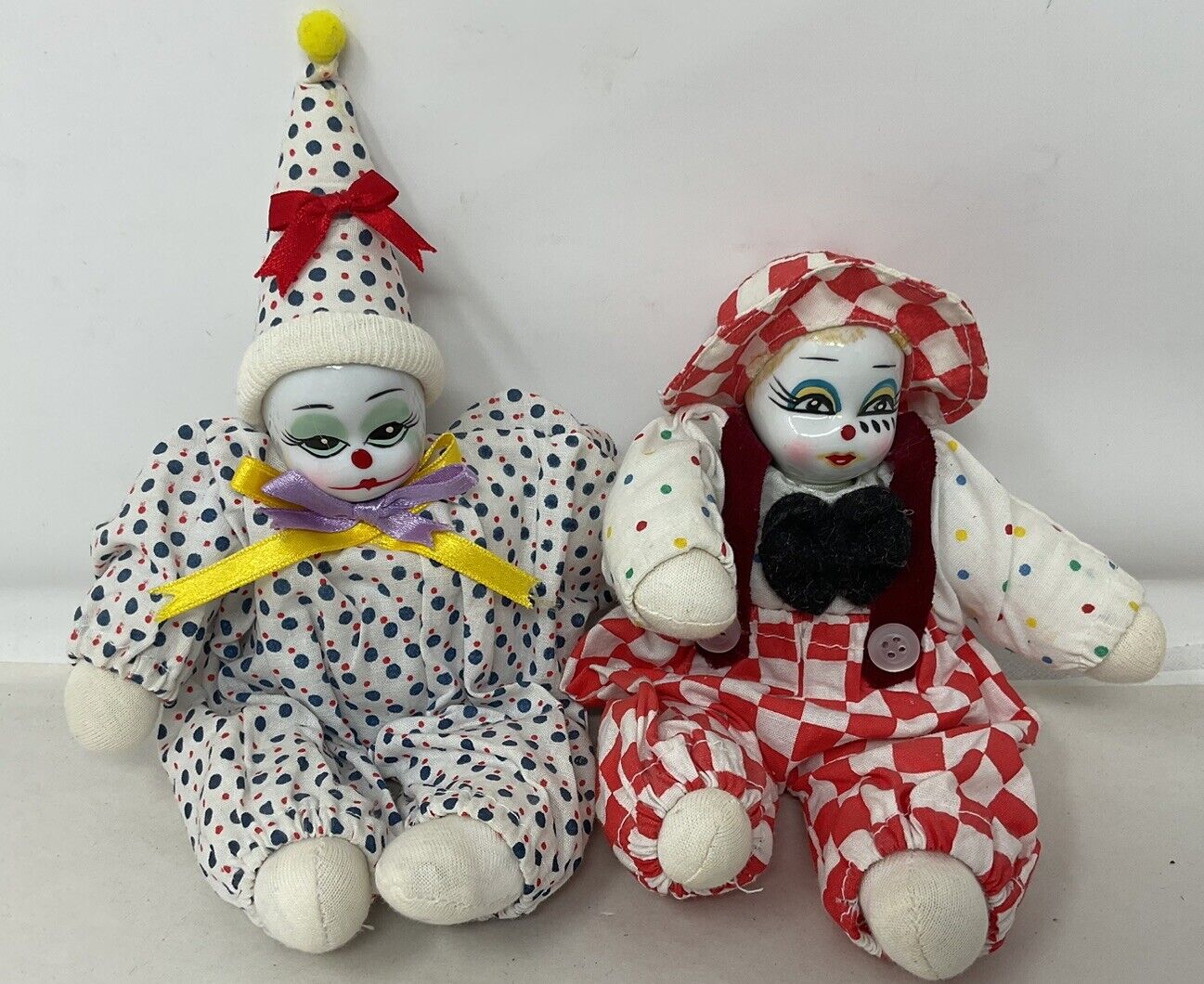 Vintage Porcelain Head Clown Doll Red Blue Polka Dots Weighted Bottom Lot Of 2
