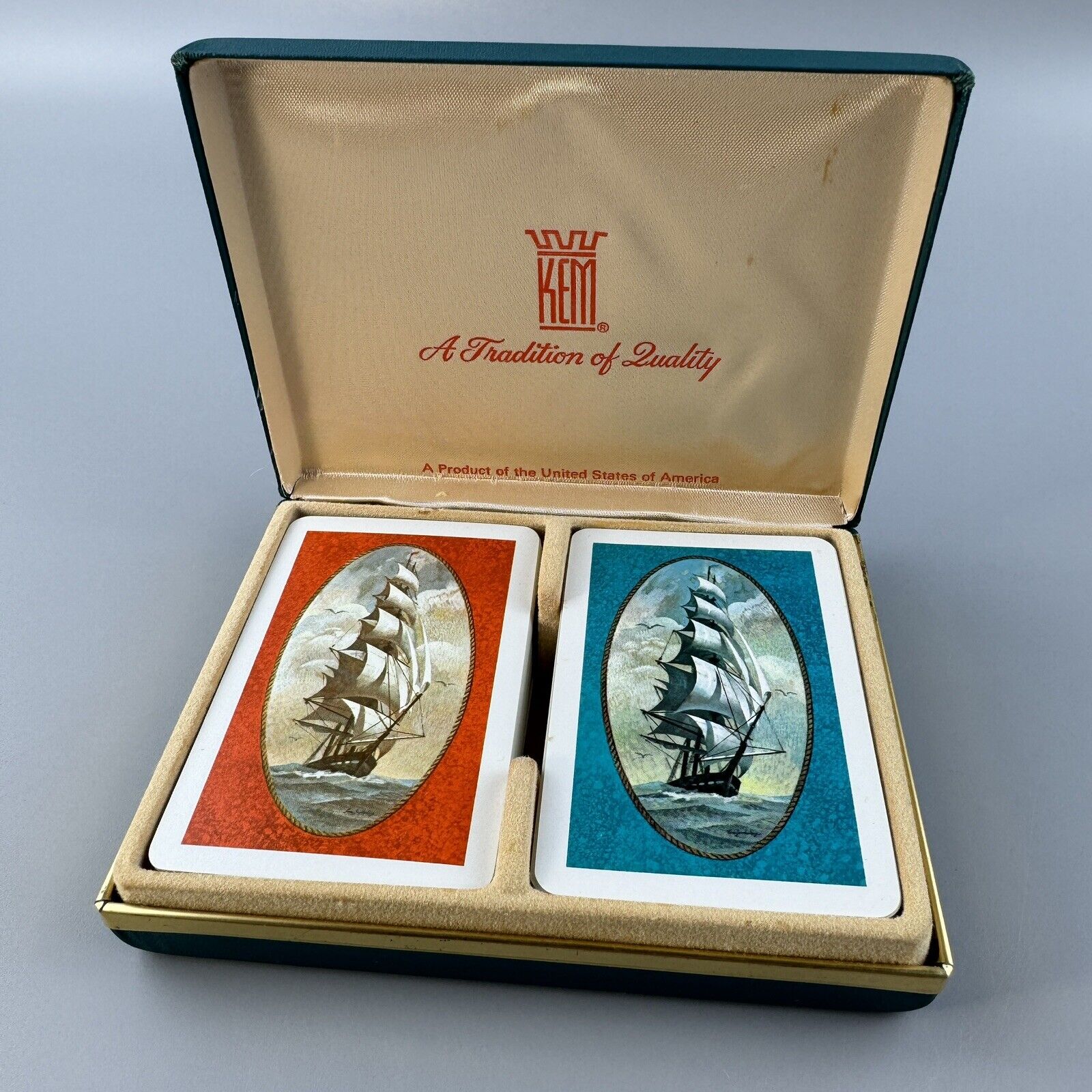 1947 Kem Playing Cards Double Deck Clipper Ship with Teal Hinged Case - Vintage