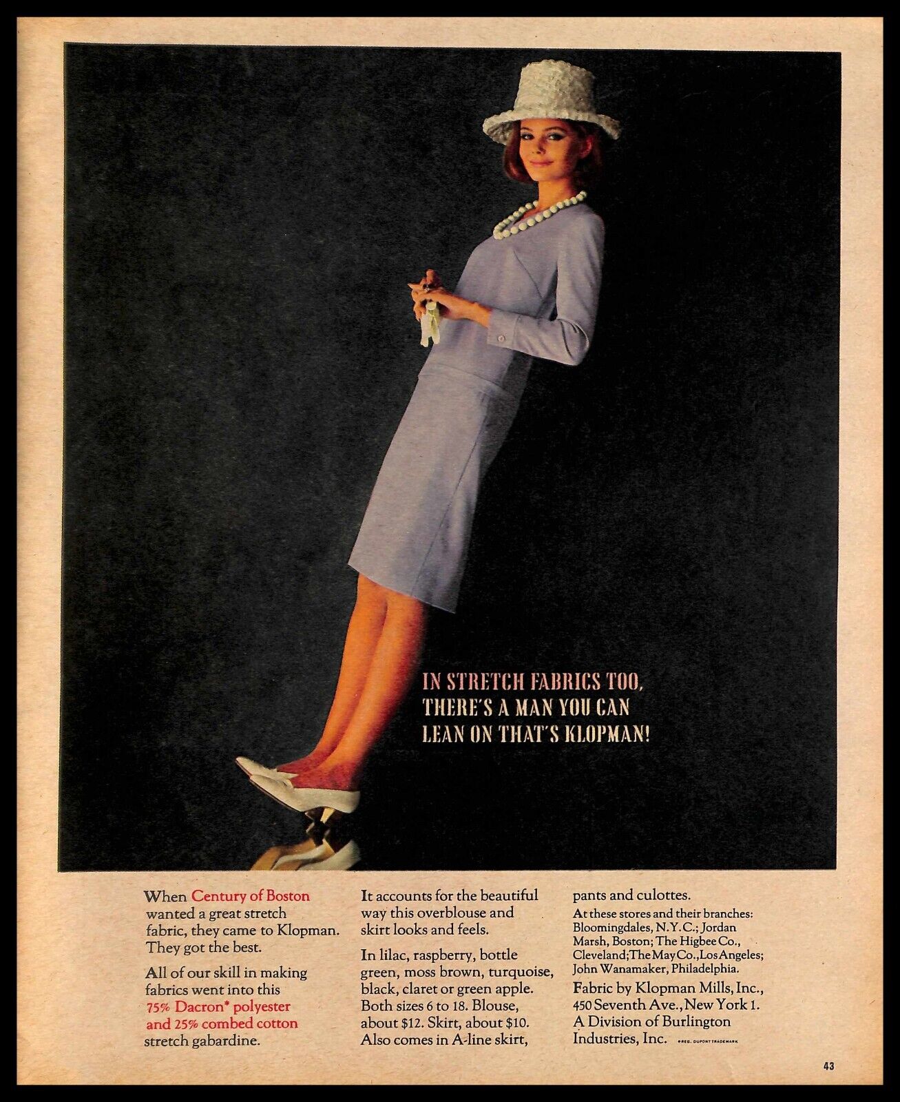 1963 Klopman Century Boston Stretch Fabric Vintage PRINT AD Blue Dress Fashion