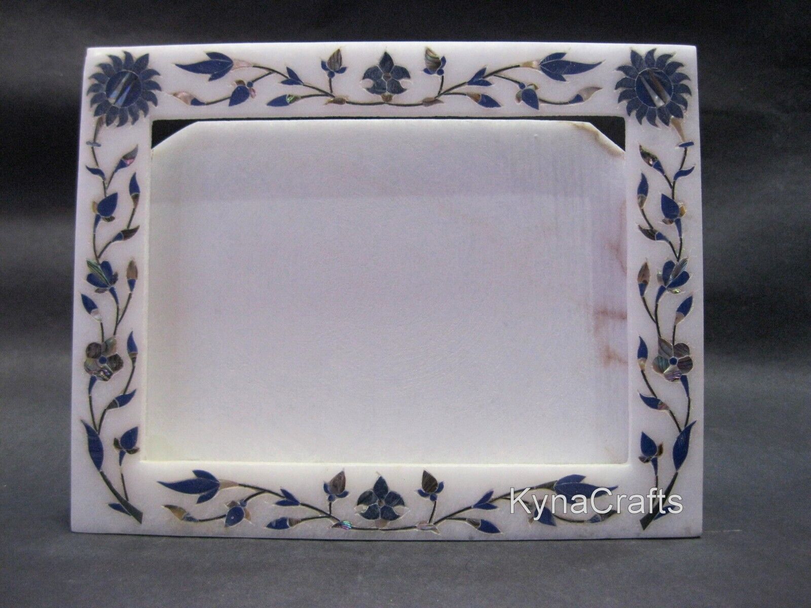 9x7 Inches Photo Frame Inlaid with Lapis Lazuli Stone White Marble Picture Frame