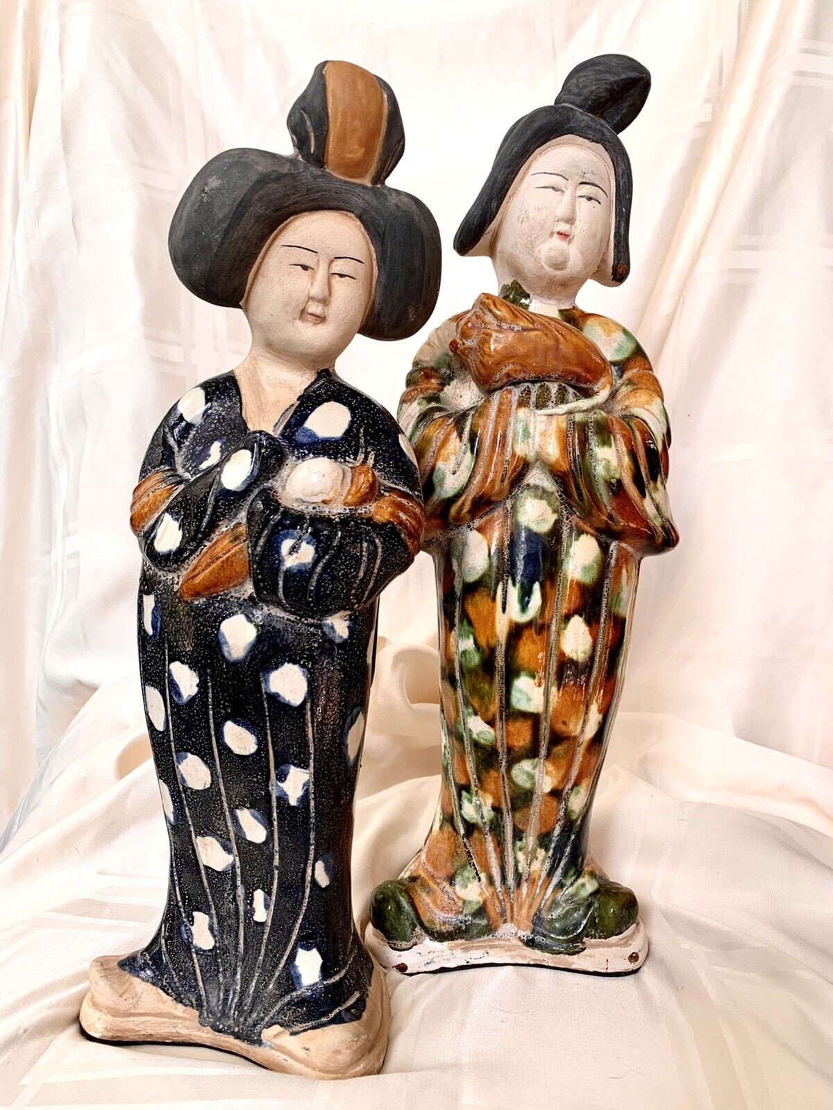 2 Large Sancai Glazed Chinese Ceramic Geisha Court Women Statue 15.5” & 14.5”