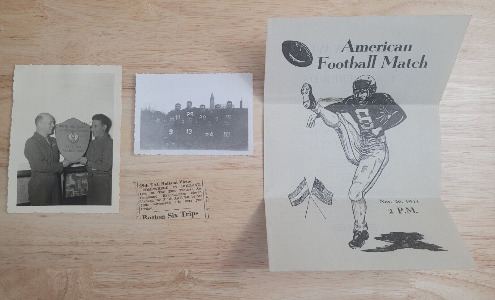 American Football Game in Europe during World War II, Program and Photos lot. 