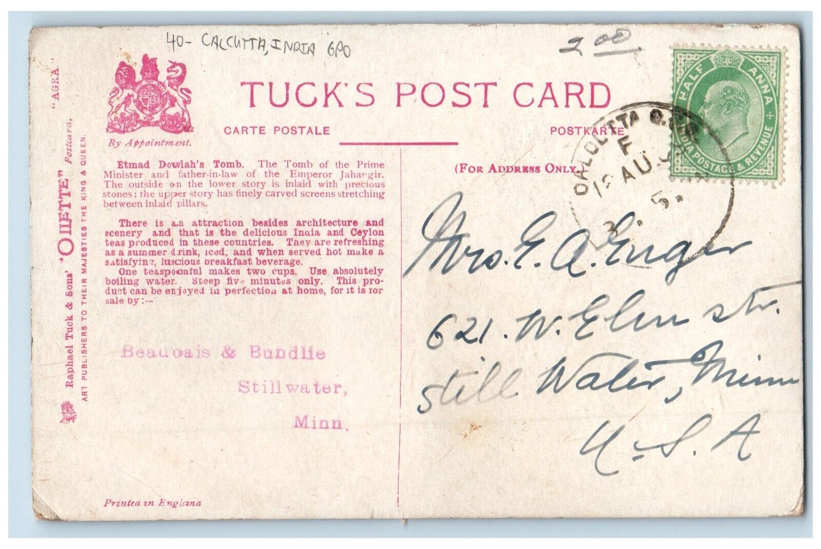 DPO Calcutta India Postcard Etmad Dowlah's Tomb Agra Oilette Tuck c1910's Posted