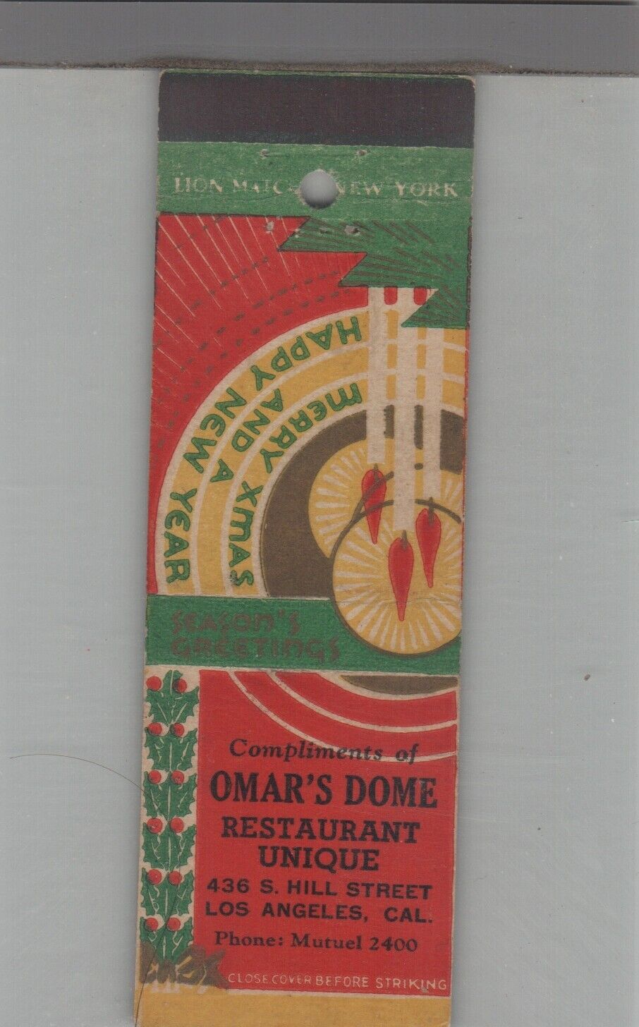 Matchbook Cover Omar\'s Dome Restaurant Los Angeles, CA