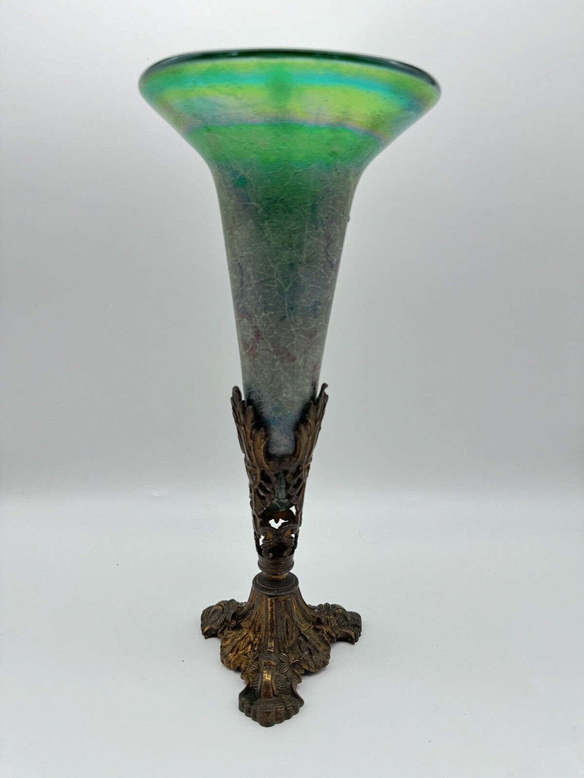Antique Cornet Vase Epergne Stand With Green Iridescent Glass Insert ESTATE FIND