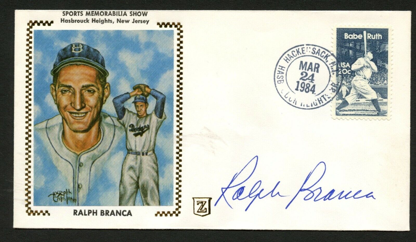 Ralph Branca d.2016 signed autograph postal cover Pitcher Brooklyn Dodgers PC049