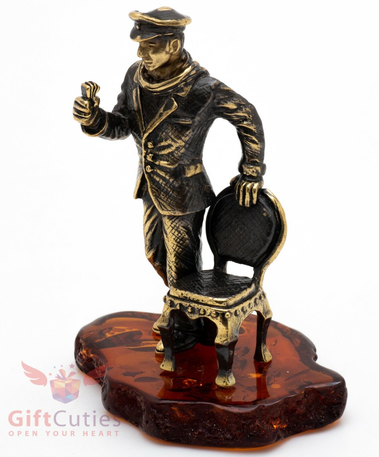 Brass Amber Figurine famous Russian con man Ostap Bender with a chair IronWork
