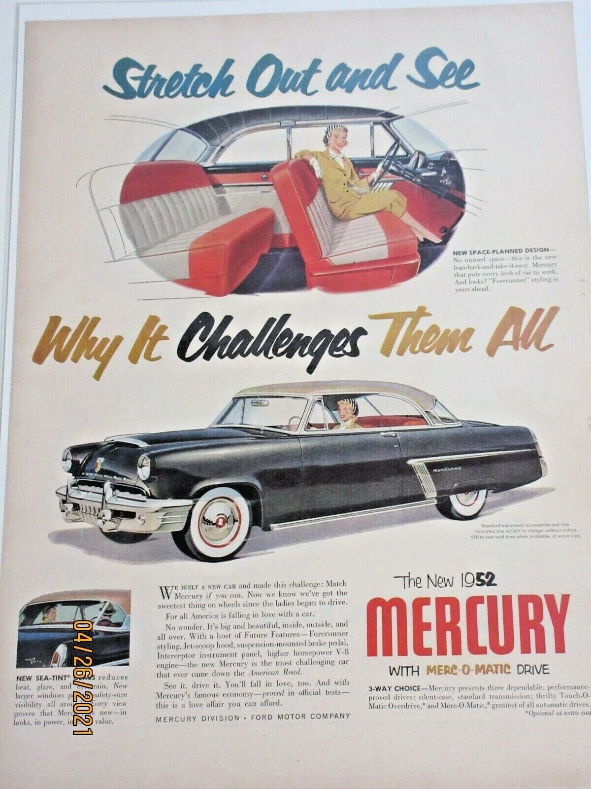 1952 Magazine ad for Mercury - \'52 Monterey, Space-planned design, Merc-o-matic