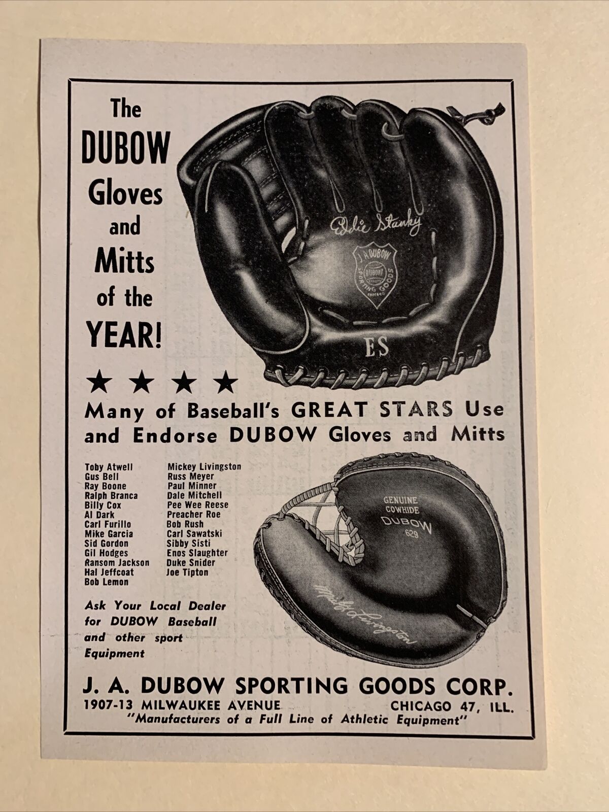 Dubow Gloves Mitts Eddie Stanky Gil Hodges Rush 1954 Baseball Publication 5X7 Ad