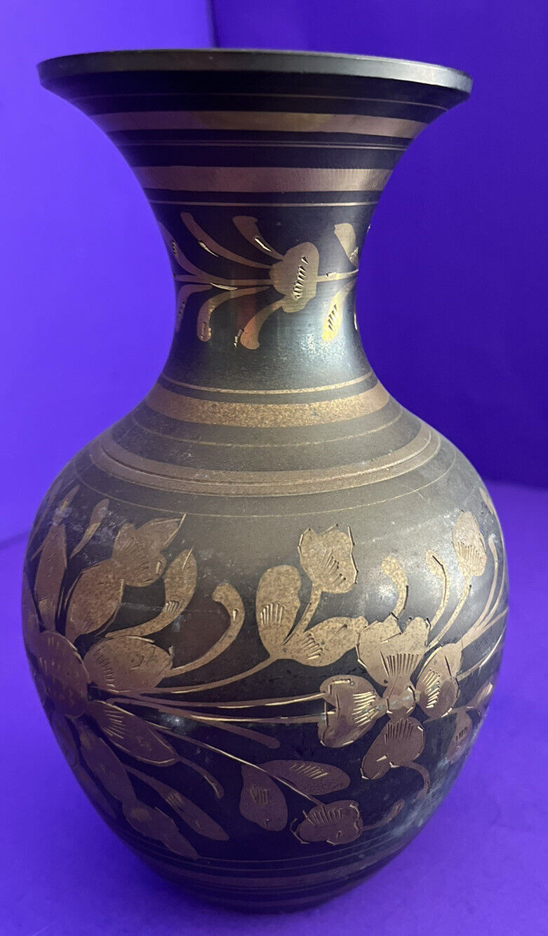 Vintage Etched Floral Brass Vase Made in India 7” SALE