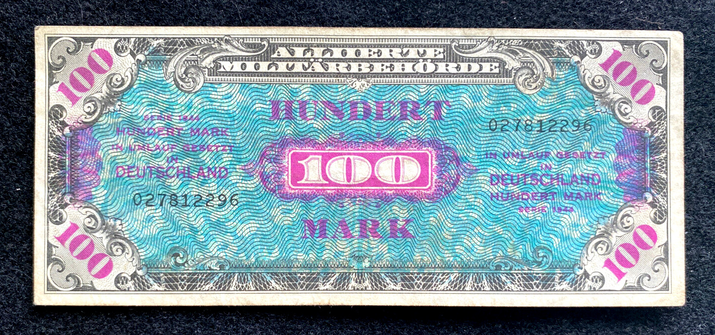 1944 WWII Germany Allied Occupation Military Currency 100 Mark Banknote Fine