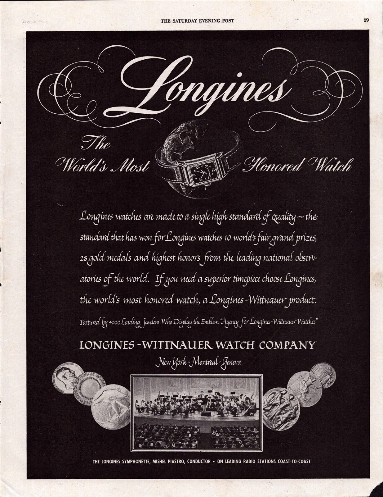 1947 Longines Wittnauer Watch Company Mishel Piastro Vintage Print Ad A38