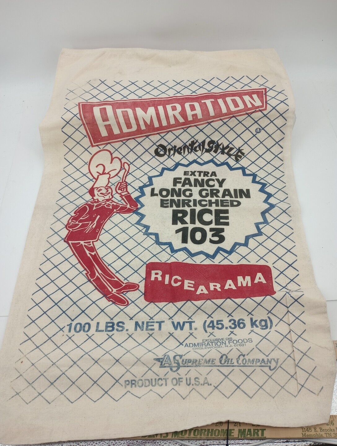 Rare Vtg 100lb Admiration Foods Englewood N.J Oriental Style Rice Bag