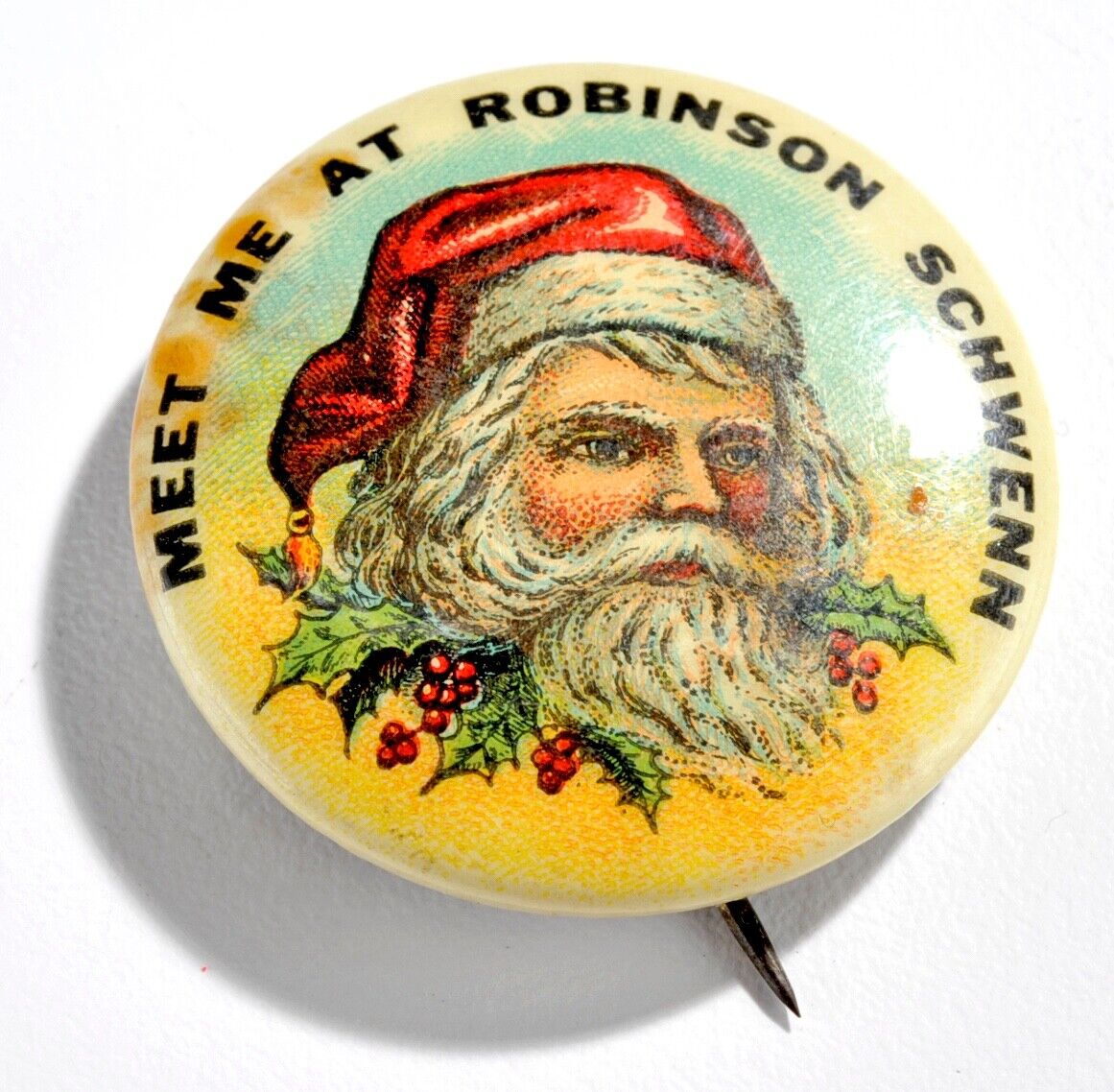 VTG. 1900\'s Metal Celluloid Santa Claus Christmas Pinback Button Hamilton, Ohio
