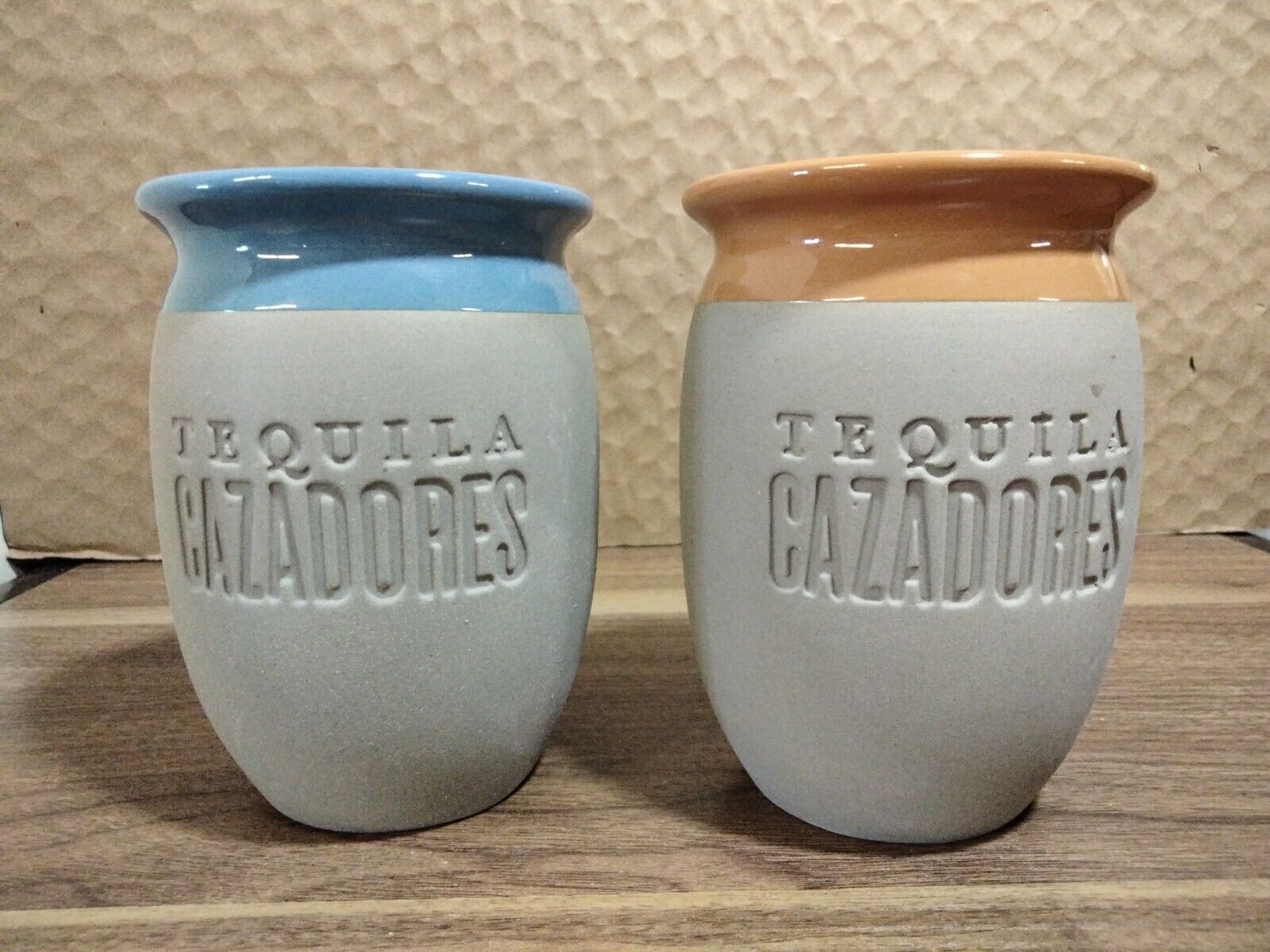 Cazadores Tequila Set Of 2  Drinking Glass Ceramic Glazed Inside Blue & Mustard
