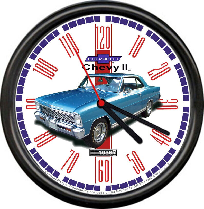 Licensed 1966 Chevy II Blue Muscle Car General Motors Retro Sign Wall Clock