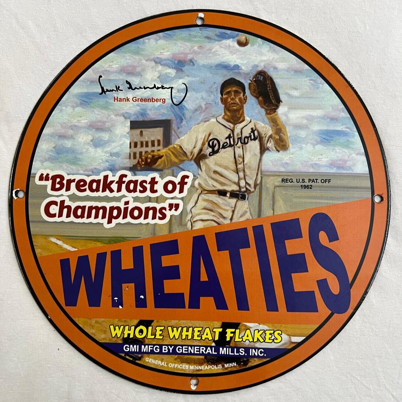 WHEATIES BREAKFAST OF CHAMPIONS HANK GREENBERG PORCELAIN STATION GAS OIL AD SIGN