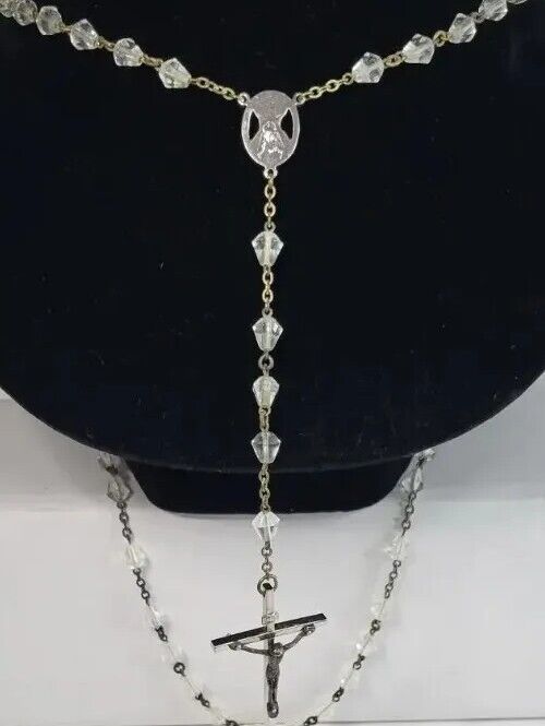 Vtg  Silvertone Rosary Ab Crystal Glass Beads  Medal Crucifix Catholic Rosary