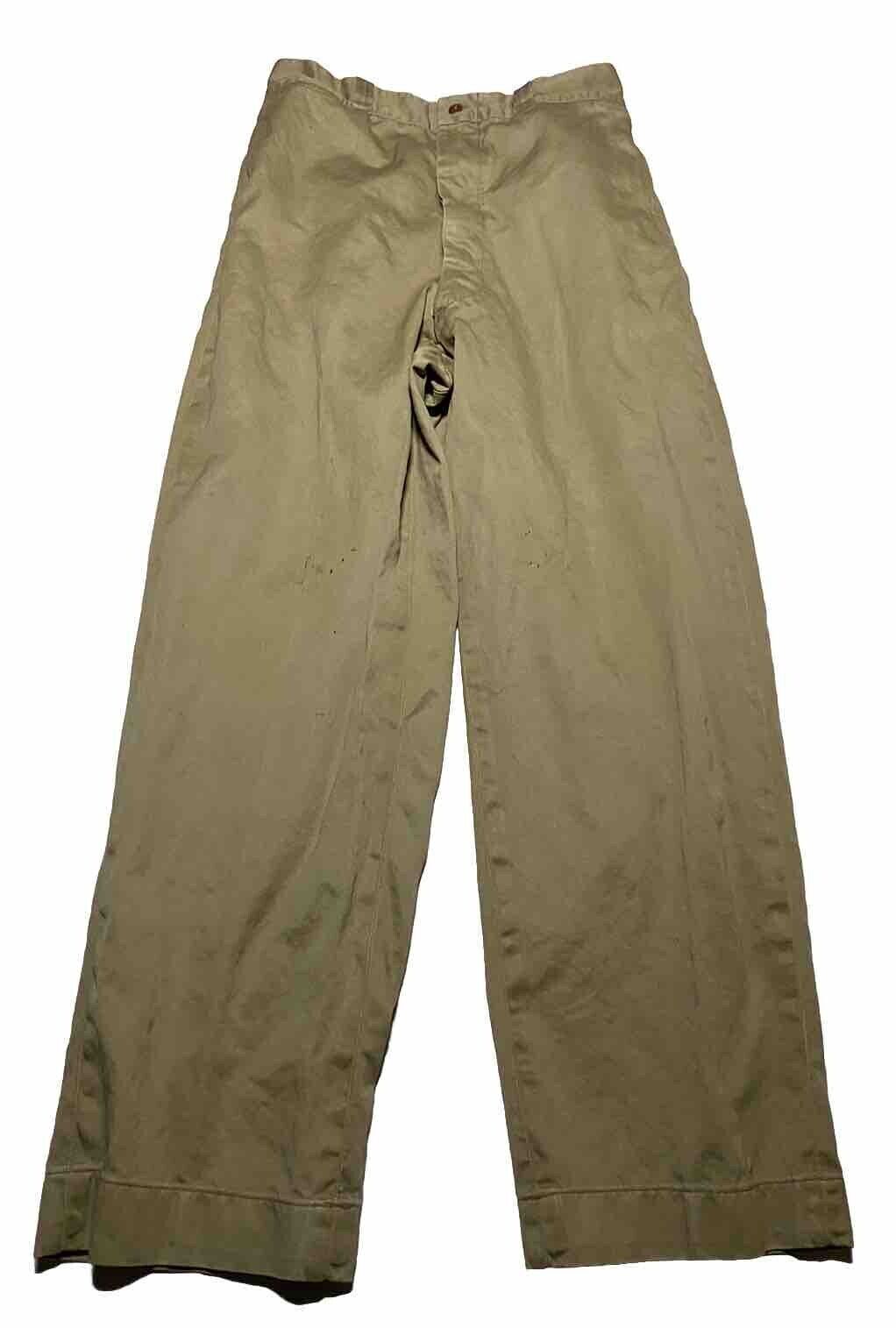 Vintage 50s Button Fly Military Khaki Chino Trousers Pants size 29x29 AL2