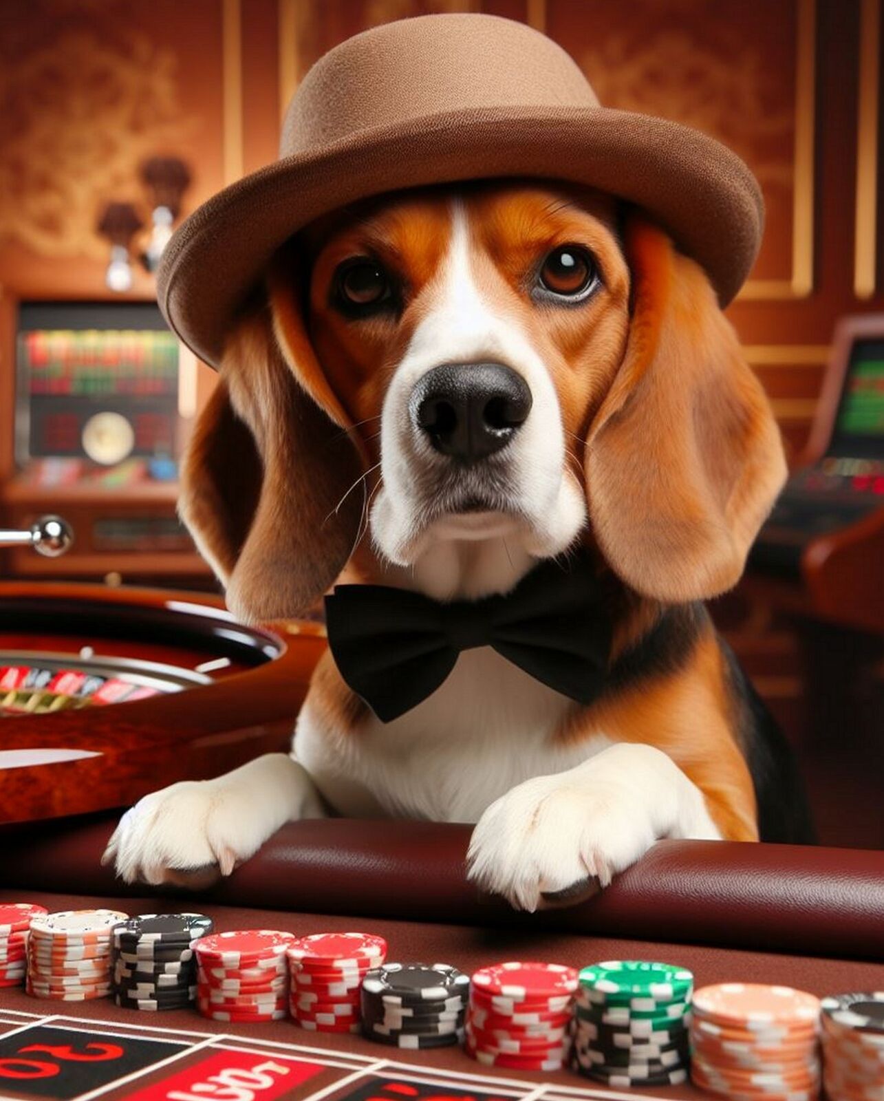 BEAGLE PLAYING AT ROULETTE TABLE FANTASY ART PRINT  (228-A)