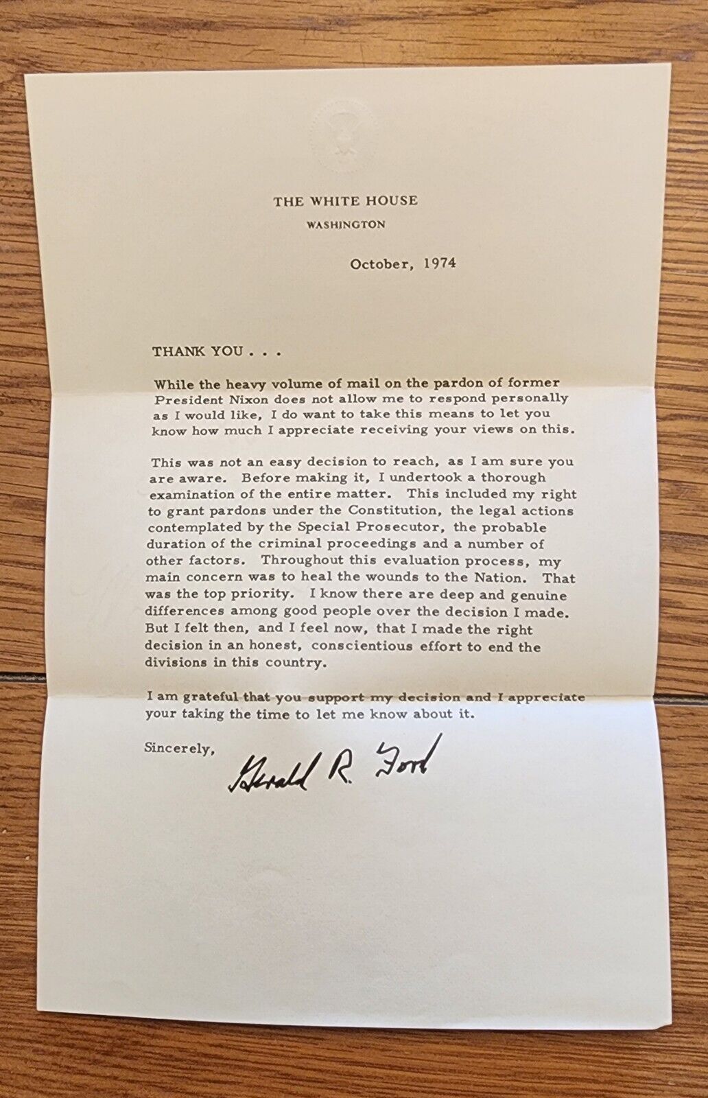 Authentic Gerald Ford White House Letter to Those Who Supported Richard Nixon