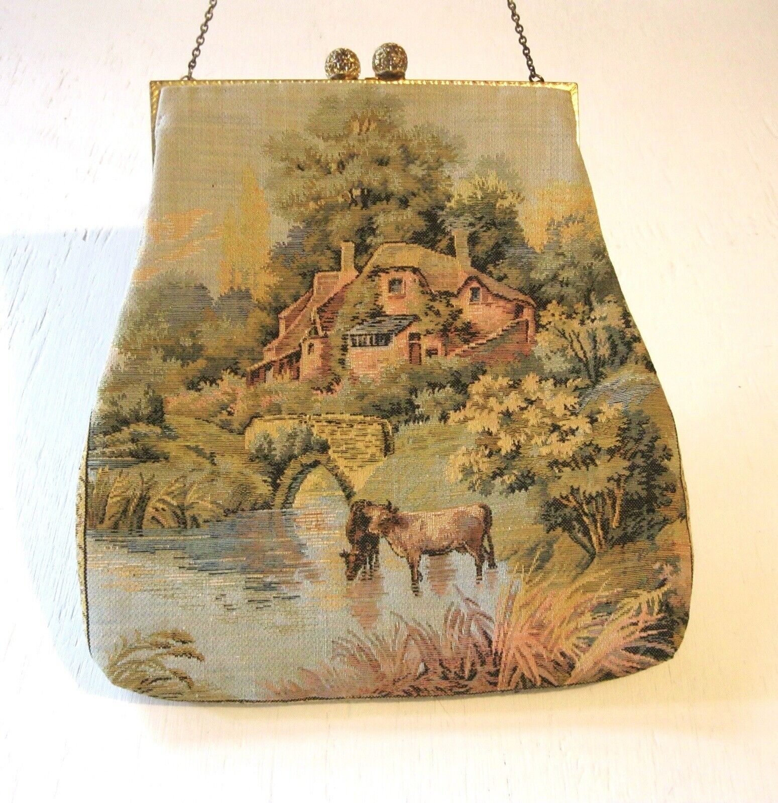 EARLY MADE IN FRANCE WALBORG TAPESTRY HAND BAG PURSE COUNTRY LIFE FISHERMAN COWS