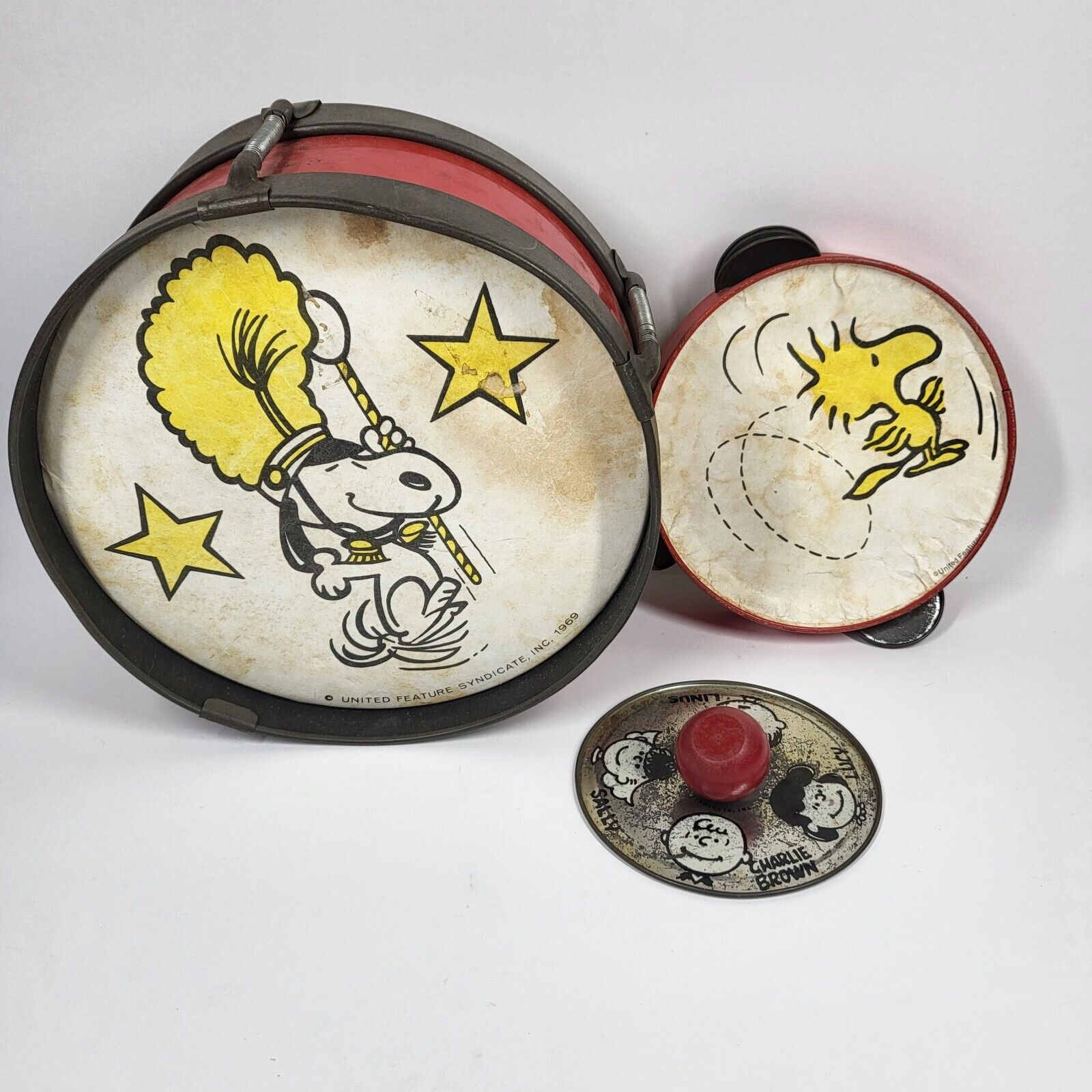 Snoopy Peanuts Band Instruments Drum Tambourine Musical Toys Metal Vintage 1969
