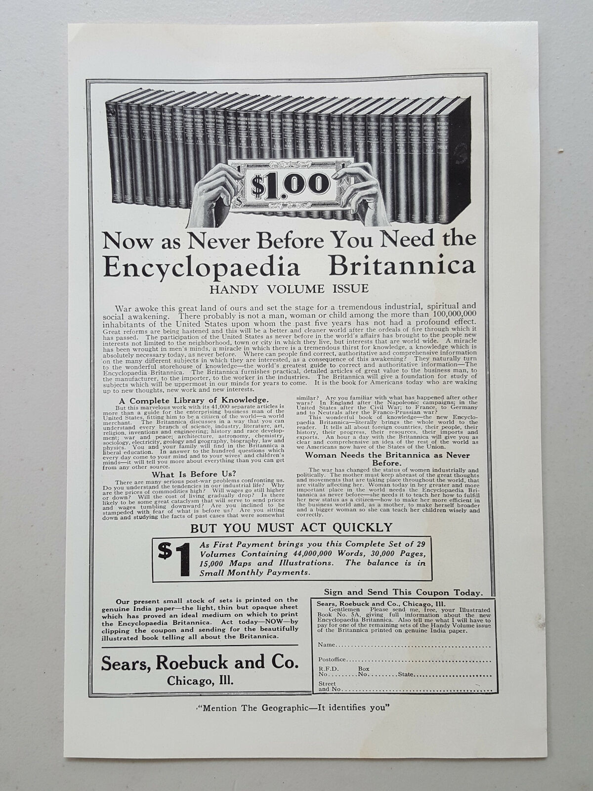 1919 Sears, Roebuck Encyclopaedia Britannica Coupon Vintage Magazine Print Ad