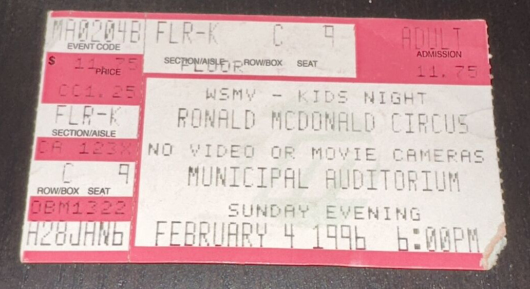 2/4/96 Ronald McDonald Circus WSMV Kid's Night Municipal Auditorium Ticket Stub