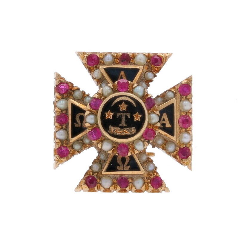 Yellow Gold Alpha Tau Omega Antique Badge 14k Ruby Pearl 1900s-10s FraternityPin