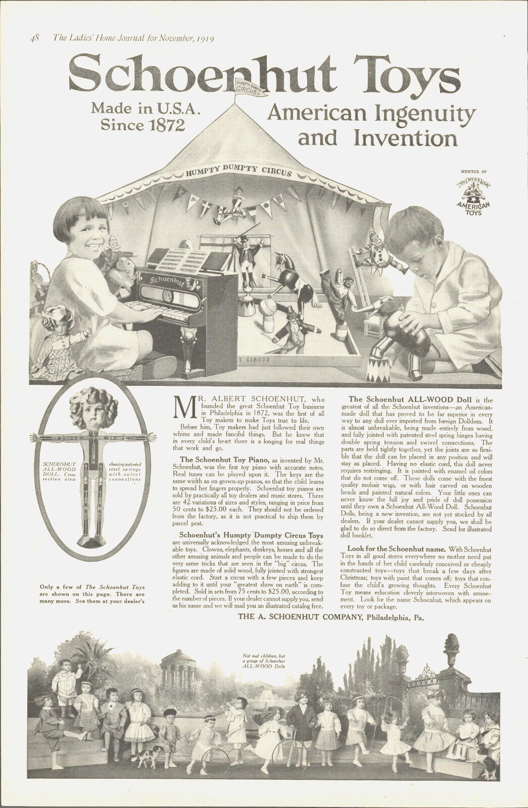 1919 SCHOENHUT Toys antique PRINT AD circus kids children big top