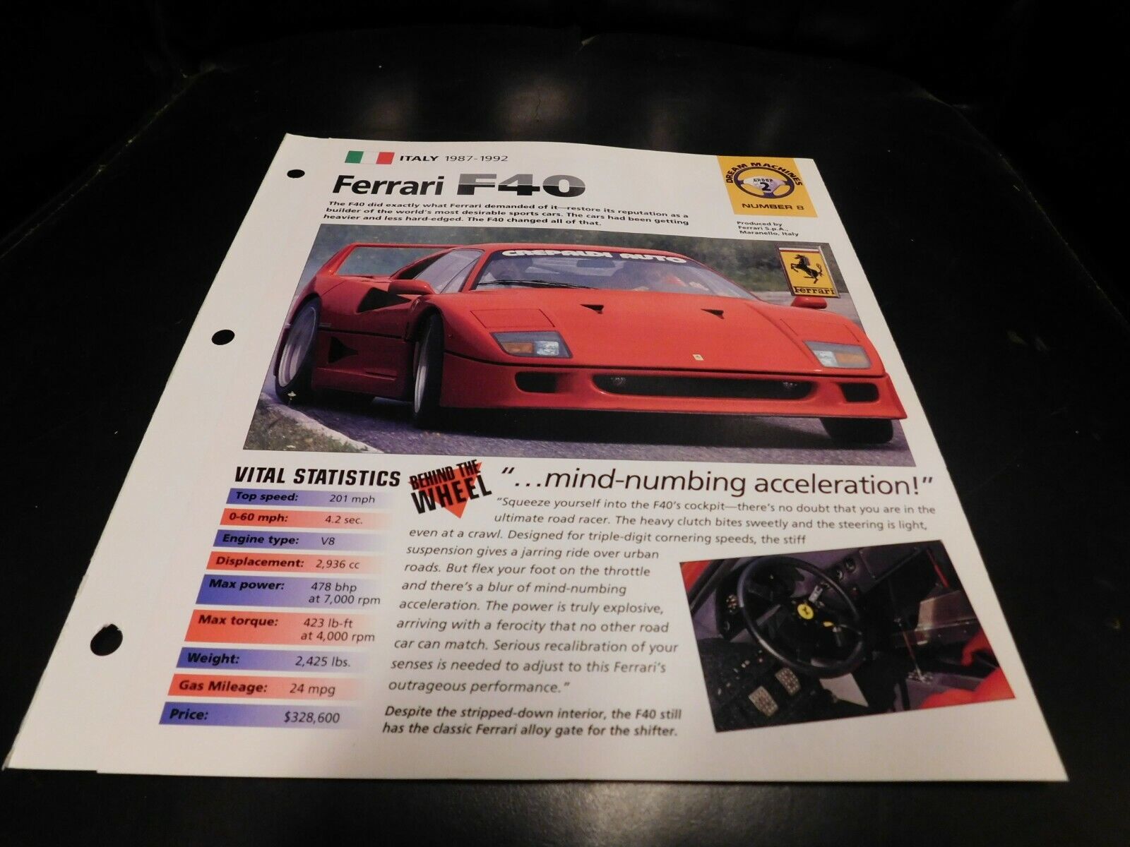 1987-1992 Ferrari F40 Spec Sheet Brochure Photo Poster 88 89 90 91