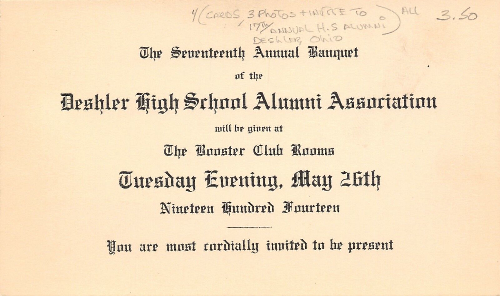 Deshler Ohio~High School Alumni Association~Booster Club Room~May 26 1914 Invite