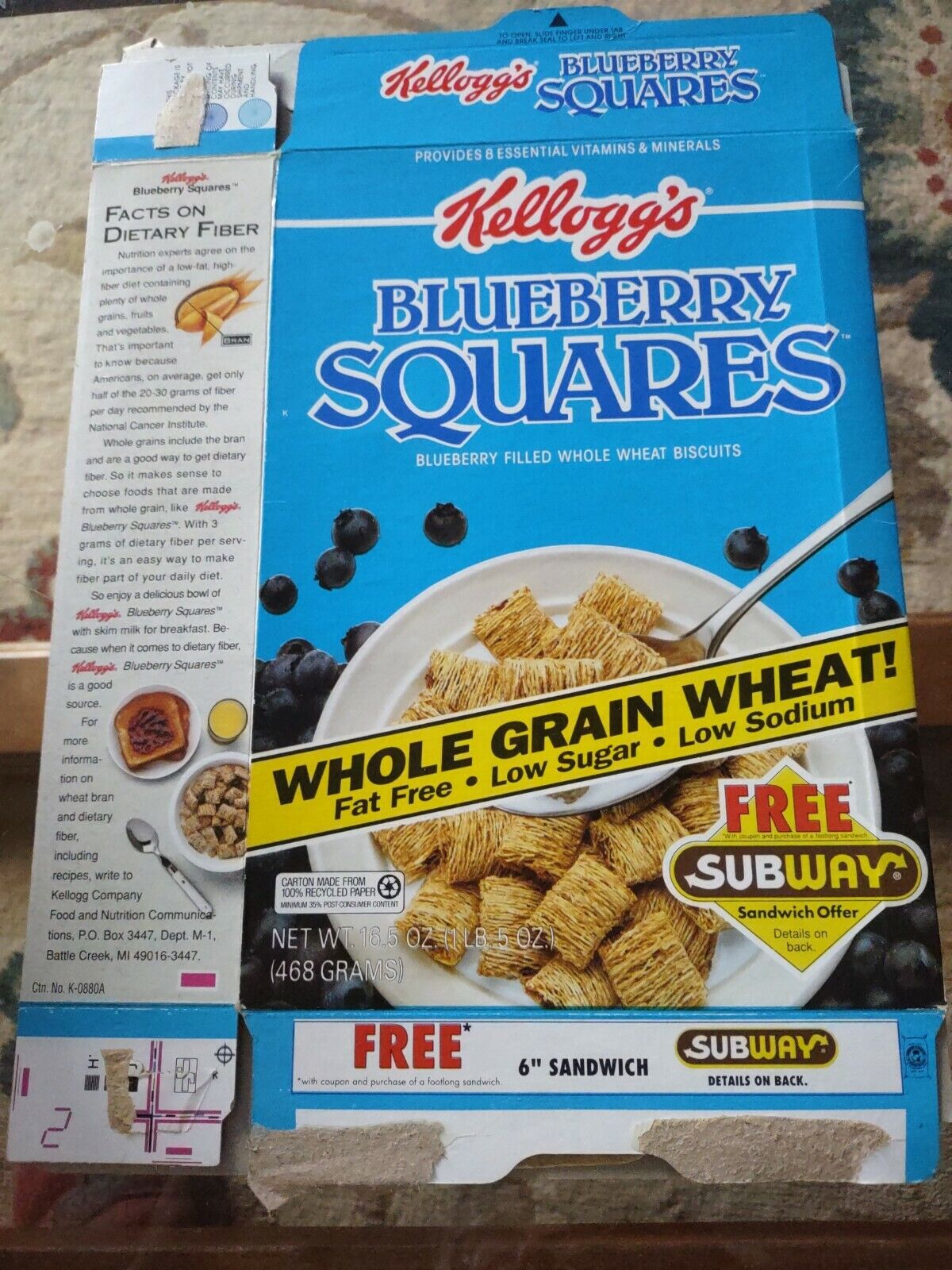 1992 KELLOGG'S Blueberry SQUARES EMPTY CEREAL  BOX Free Subway Sandwich Offer