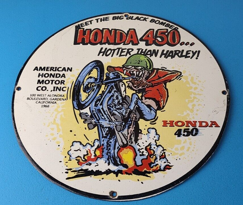 Vintage Honda Hot Rod Sign - Motorcycle Biker Rat Fink Gas Pump Porcelain Sign