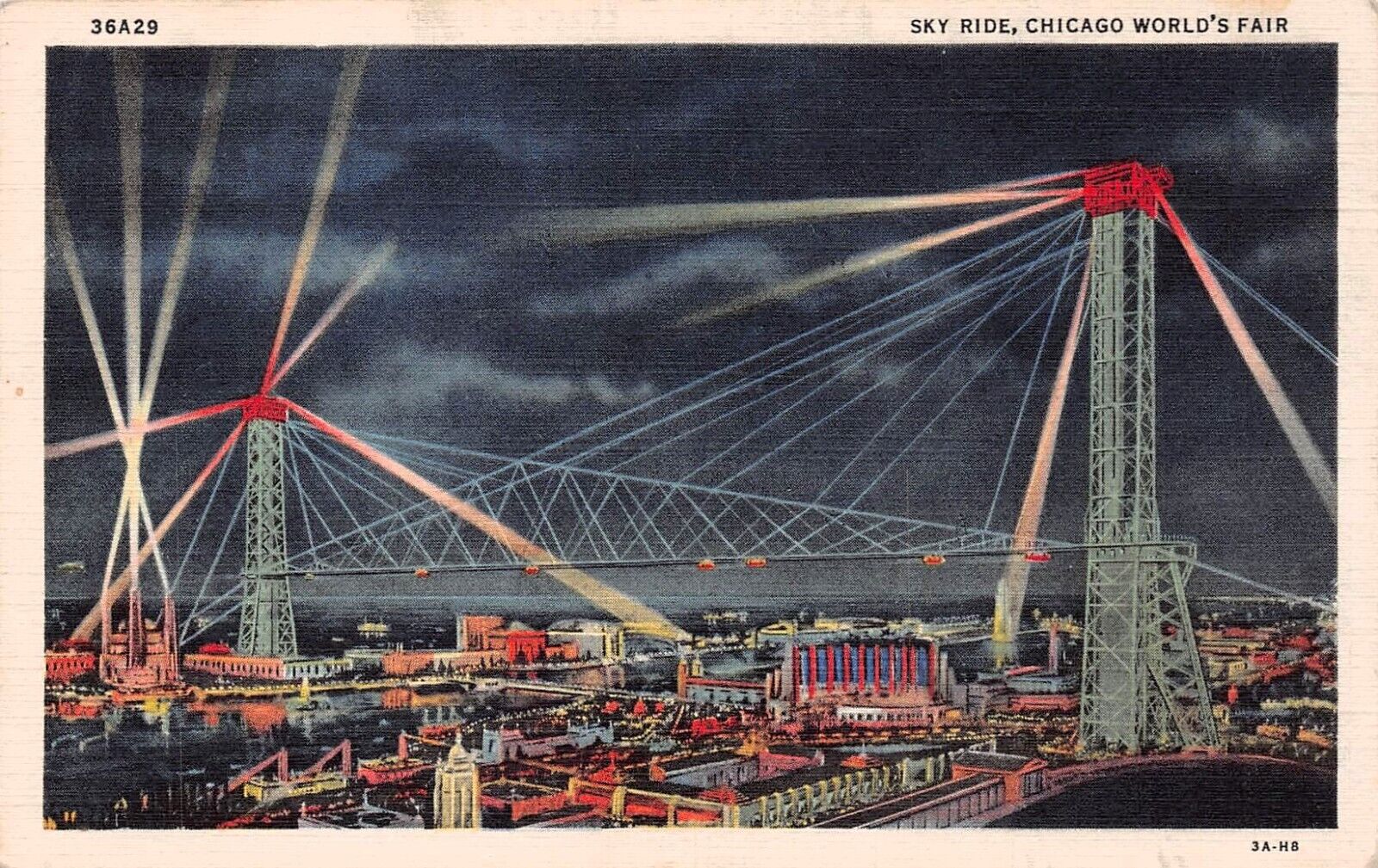 Chicago Worlds Fair Century of Progress 1933 Sky Ride Night Vtg Postcard C60
