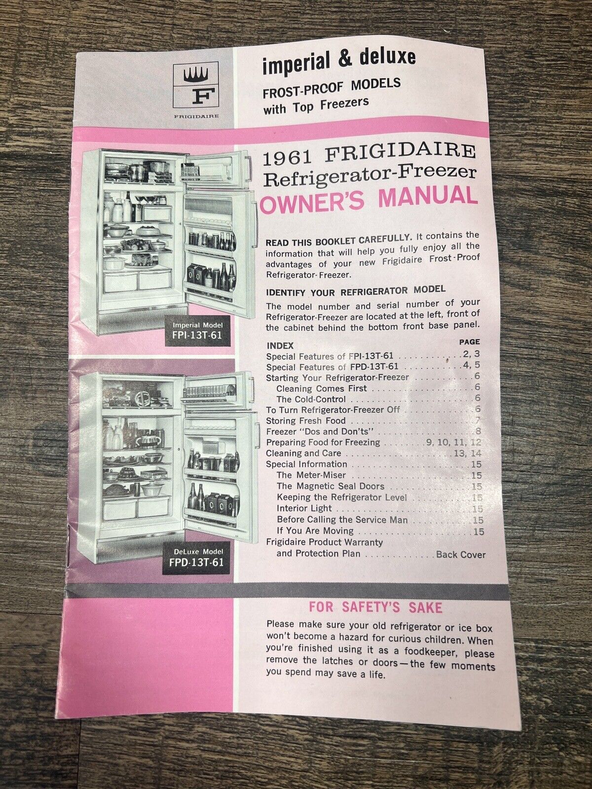 Vintage 1961 FRIGIDAIRE Refrigerator-Freezer Owner\'s Manual Imperial & Deluxe