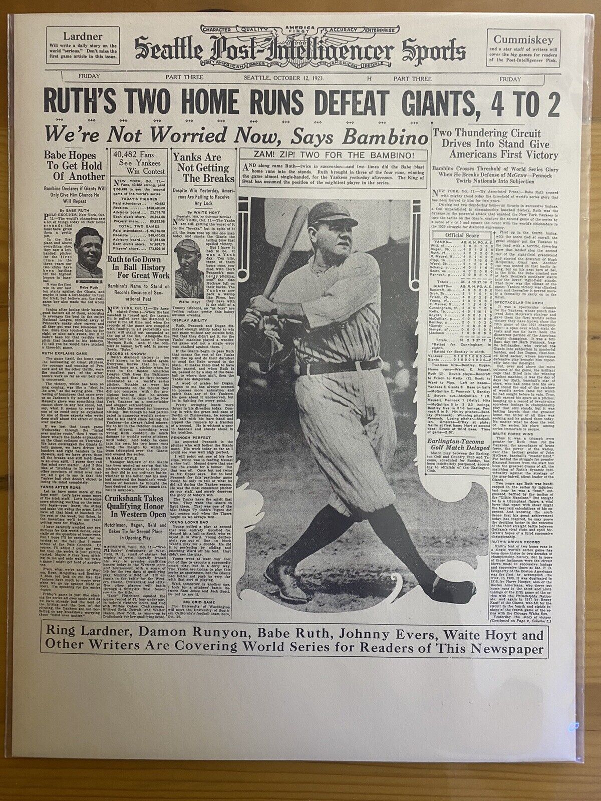 VINTAGE NEWSPAPER HEADLINE ~BASEBALL YANKS BABE RUTH BAMBINO DEFEAT GIANTS 1923