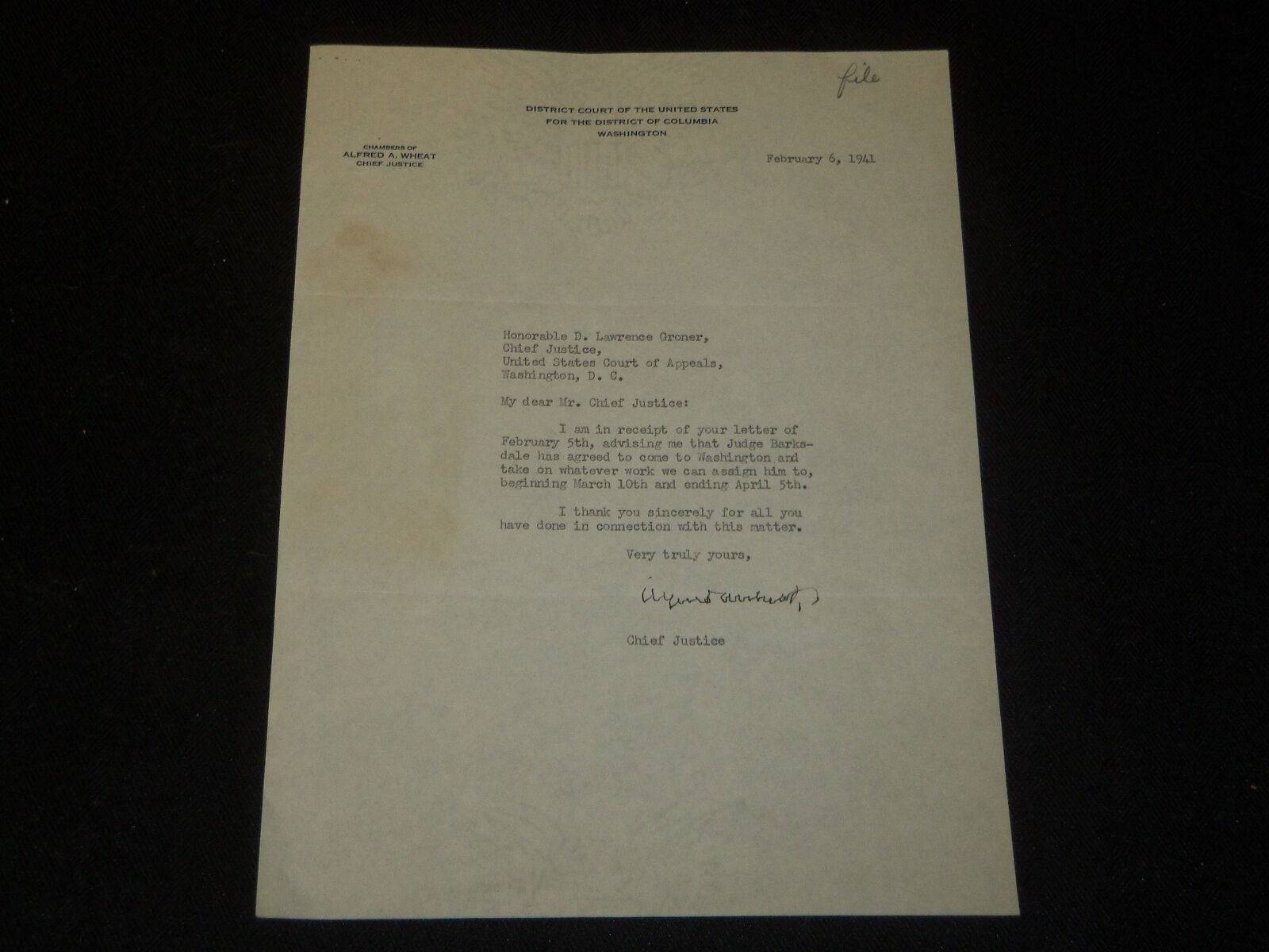 1941 U. S. DISTRICT COURT ALFRED A. WHEAT SIGNED TYPED LETTER - J 5368