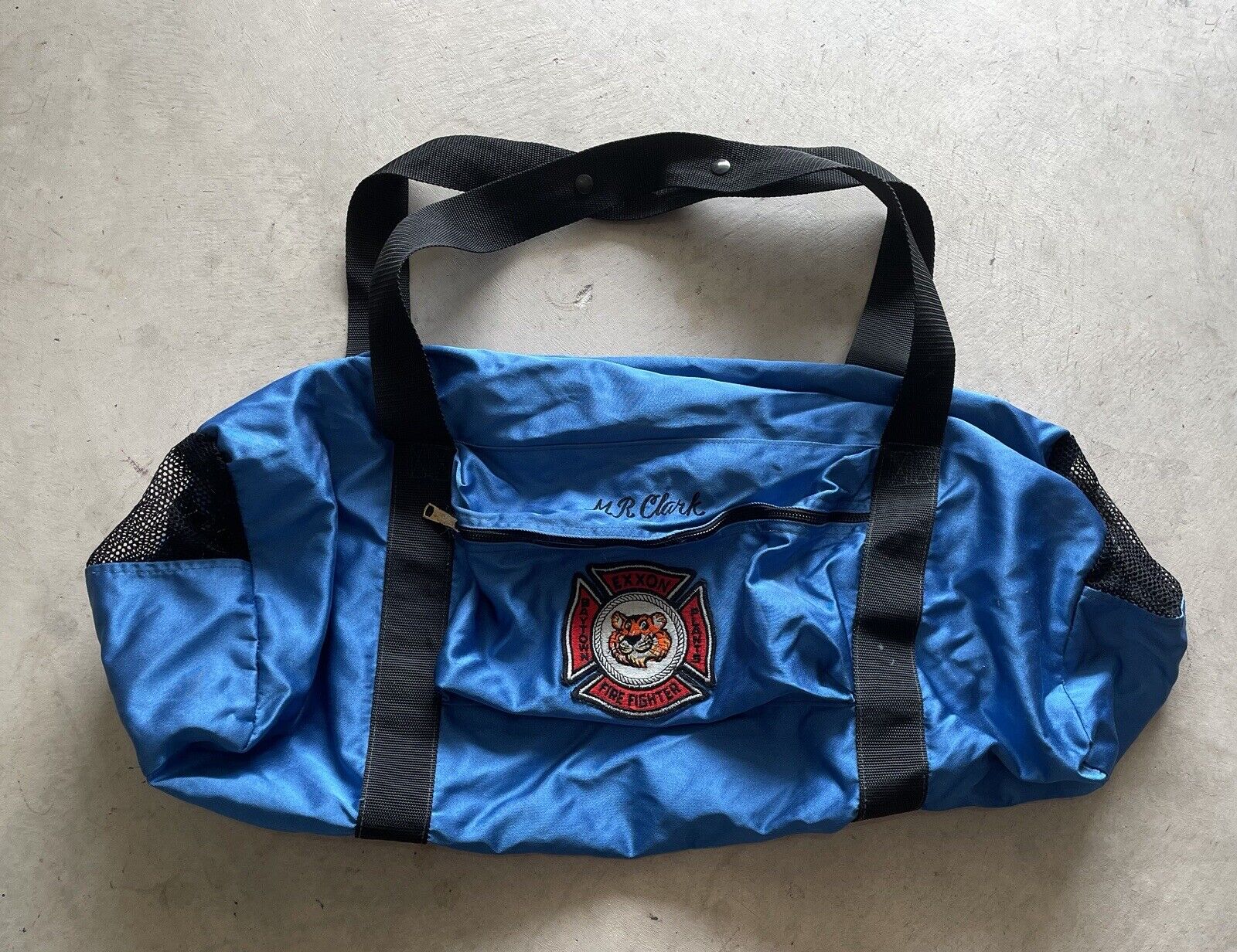 Vintage Exxon Tiger Firefighter Duffle Bag Blue Made USA 70s RARE