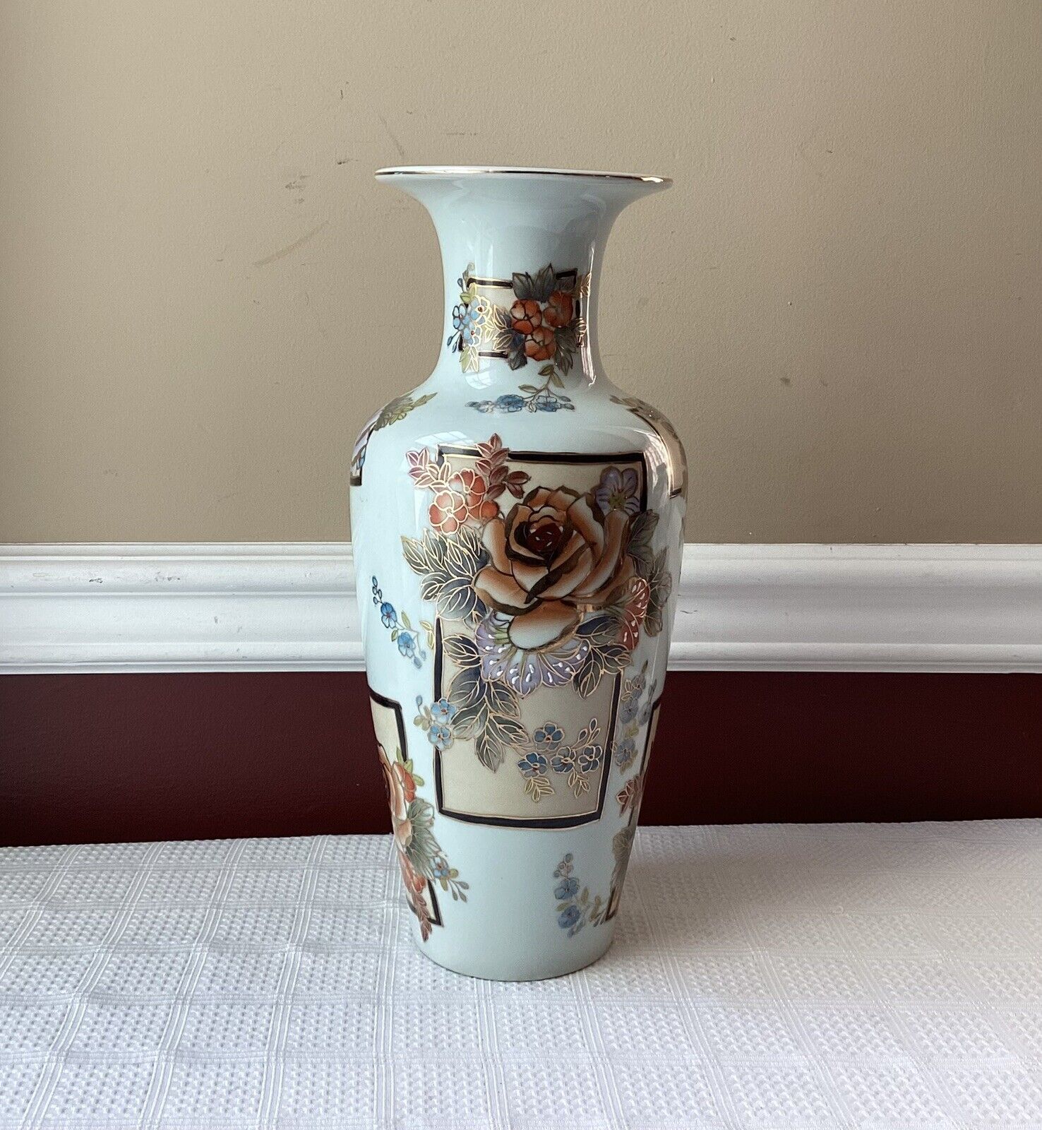 VTG Tall Chinese Porcelain Vase Floral Design, Hand Decorated, 14” T, Unmarked