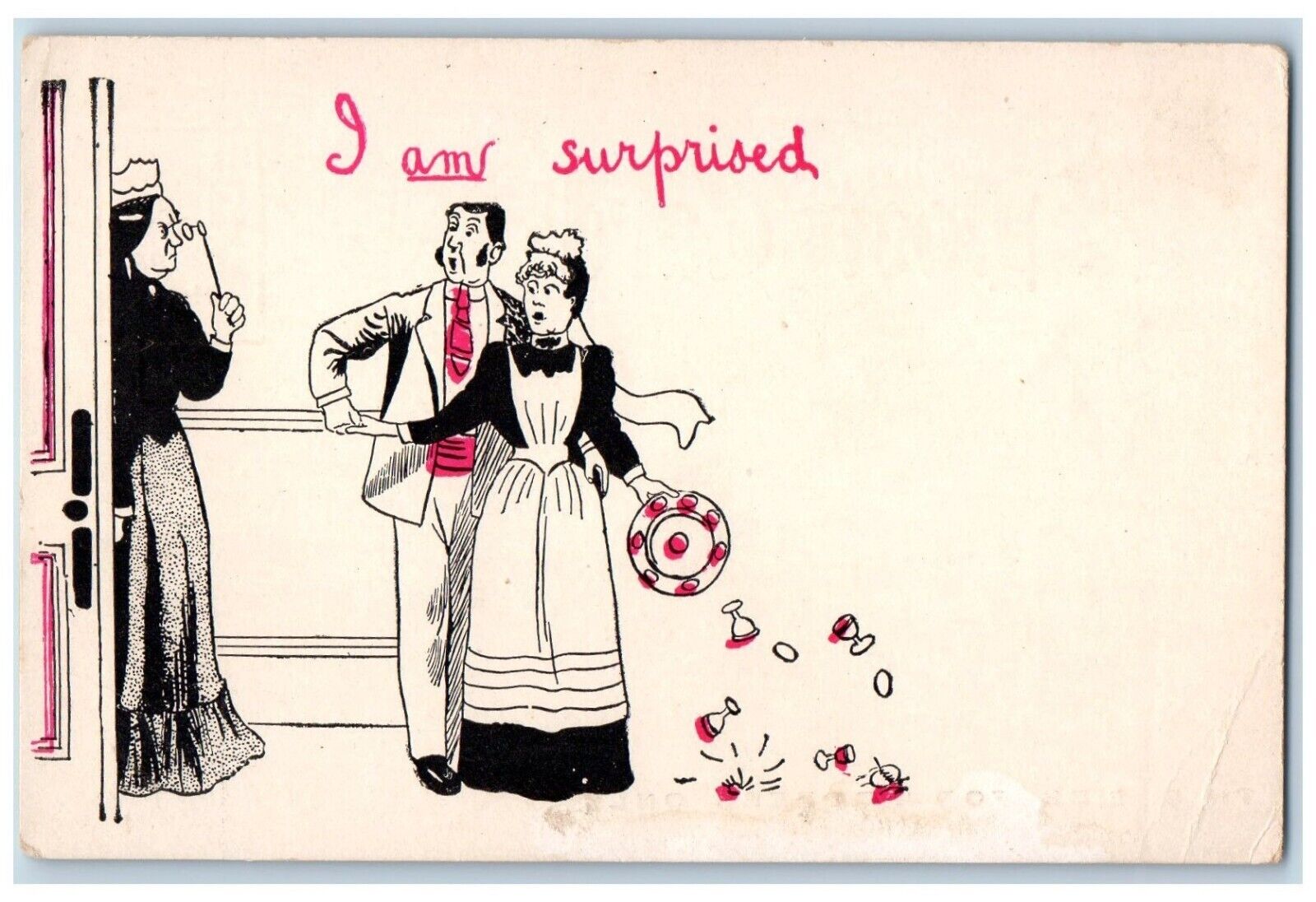 c1905 I Am Surprised Man Cheating With Maid Champagne Glass Fell Postcard